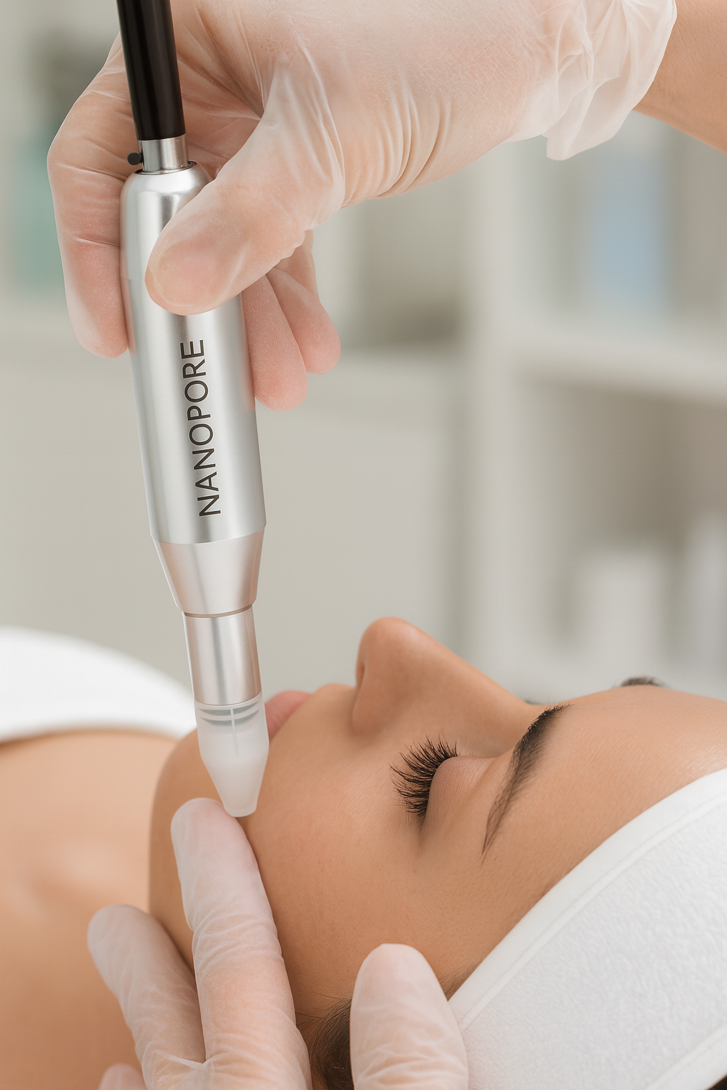 Nanopore device in use during microneedling treatment